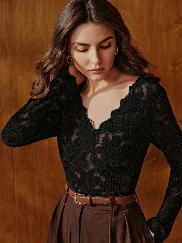 Anewsta Elegant Asymmetrical V-Neck Hollow Lace Fitted Long Sleeve Knit T-Shirt For Women, Autumn/Winter - Black - View 2