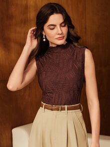 Anewsta Conjunto de 3 piezas de blusas elegantes para mujer, color liso, textura, sin mangas, cuello con volantes, elásticas, para oficina, verano, primavera, otoño e invierno (blanco, negro, burdeos) - Multicolor - Ver 4