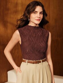 Anewsta Conjunto de 3 piezas de blusas elegantes para mujer, color liso, textura, sin mangas, cuello con volantes, elásticas, para oficina, verano, primavera, otoño e invierno (blanco, negro, burdeos) - Multicolor - Ver 7