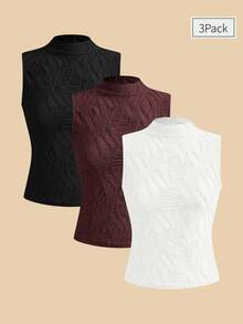 Anewsta Conjunto de 3 piezas de blusas elegantes para mujer, color liso, textura, sin mangas, cuello con volantes, elásticas, para oficina, verano, primavera, otoño e invierno (blanco, negro, burdeos) - Multicolor - Ver 3