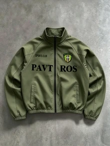 PAVTROS 女款字母印花拉鍊休閒日常長袖夾克 - 軍綠色 - 查看 1