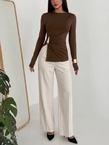 Modelyn Autumn/Winter Design Side Knot Long Sleeve T-Shirt With Metal Buckle Split Hem Slim Fit Asymmetrical Waist Women's Top - Coffee Brown - View 7