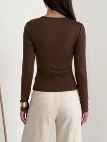 Modelyn Autumn/Winter Design Side Knot Long Sleeve T-Shirt With Metal Buckle Split Hem Slim Fit Asymmetrical Waist Women's Top - Coffee Brown - View 2