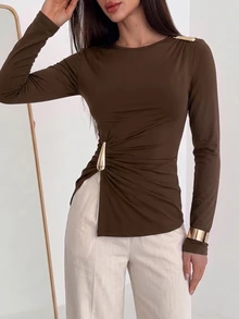 Modelyn Autumn/Winter Design Side Knot Long Sleeve T-Shirt With Metal Buckle Split Hem Slim Fit Asymmetrical Waist Women's Top - Coffee Brown - View 6
