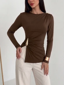 Modelyn Autumn/Winter Design Side Knot Long Sleeve T-Shirt With Metal Buckle Split Hem Slim Fit Asymmetrical Waist Women's Top - Coffee Brown - View 5
