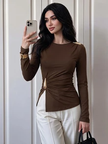 Modelyn Autumn/Winter Design Side Knot Long Sleeve T-Shirt With Metal Buckle Split Hem Slim Fit Asymmetrical Waist Women's Top - Coffee Brown - View 8