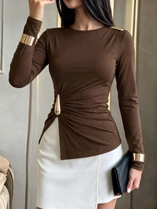 Modelyn Autumn/Winter Design Side Knot Long Sleeve T-Shirt With Metal Buckle Split Hem Slim Fit Asymmetrical Waist Women's Top - Coffee Brown - View 9