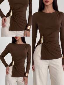 Modelyn Autumn/Winter Design Side Knot Long Sleeve T-Shirt With Metal Buckle Split Hem Slim Fit Asymmetrical Waist Women's Top - Coffee Brown - View 3