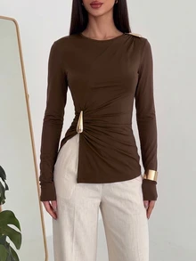 Modelyn Autumn/Winter Design Side Knot Long Sleeve T-Shirt With Metal Buckle Split Hem Slim Fit Asymmetrical Waist Women's Top - Coffee Brown - View 4