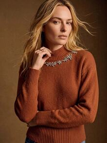 Anewsta Autumn/Winter New Caramel Color Handmade Beaded Design Minimalist Elegant Knit Sweater Top For Women - Coffee Brown - View 5