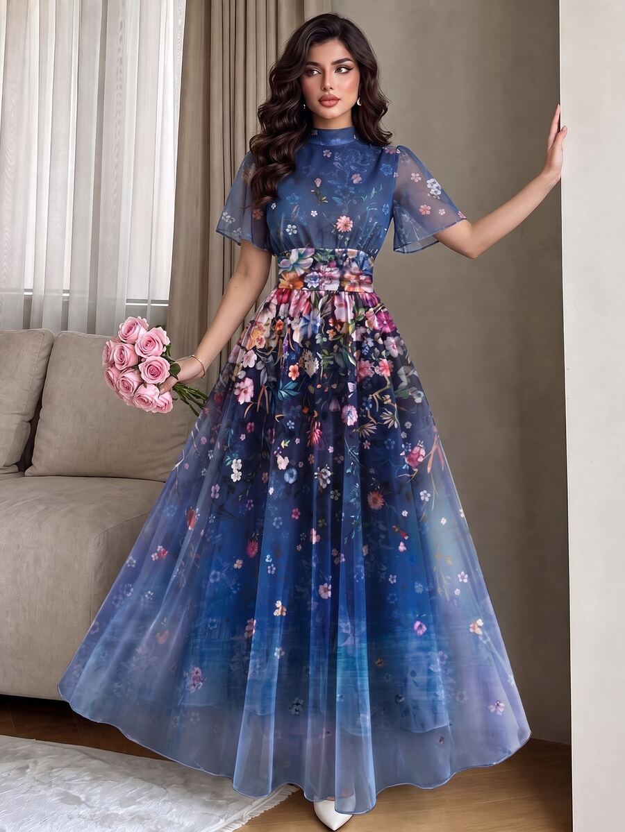Modelyn 花卉漸層半高領荷葉邊短袖法式優雅洋裝,腰部褶皺設計修身顯瘦,藍紫色網紗洋裝,適合夏季日常穿著與度假穿搭 - 彩色 - 查看 1