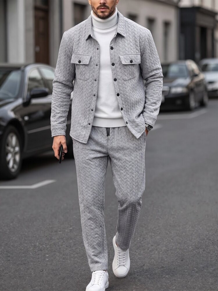 Manfinity CasualCool Men's Jacquard Fabric Jacket Paired With Drawstring Waist Sweatpants, Two Pieces Set, Autumn Clothing - Grey - View 1