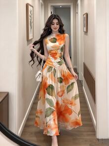 Modelyn 橘色花卉印花V領無袖長洋裝，女款時尚抓皺腰長版雪紡洋裝，花卉圖案杏色雪紡長洋裝，適合夏季度假與優雅日常穿著 - 彩色 - 查看 6