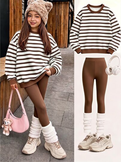 Tween Girls Striped Print Crew Neck Sweatshirt Set, Personalized Striped Print Set, Brown Tone, Suitable For Autumn/Winter, Daily Wear, Casual Styling, Energetic Outfit, Leisure Travel, Basic Style, Comfortable And Easy To Wear, Autumn/Winter Vibe