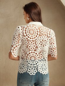 Anewsta 女士优雅花卉镂空蕾丝衬衫，度假、节日、海滩、节日、夏季、春季 - 白色 - 查看 3