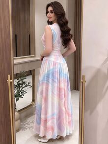Modelyn Pink And White Line Pattern French Chiffon Dress, Women's Low Neckline Sleeveless Waist-Cinched Long, Summer Elegant Tea Party Holiday - Multicolor - View 2