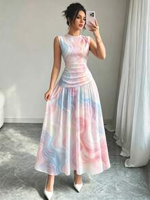 Modelyn Pink And White Line Pattern French Chiffon Dress, Women's Low Neckline Sleeveless Waist-Cinched Long, Summer Elegant Tea Party Holiday - Multicolor - View 3