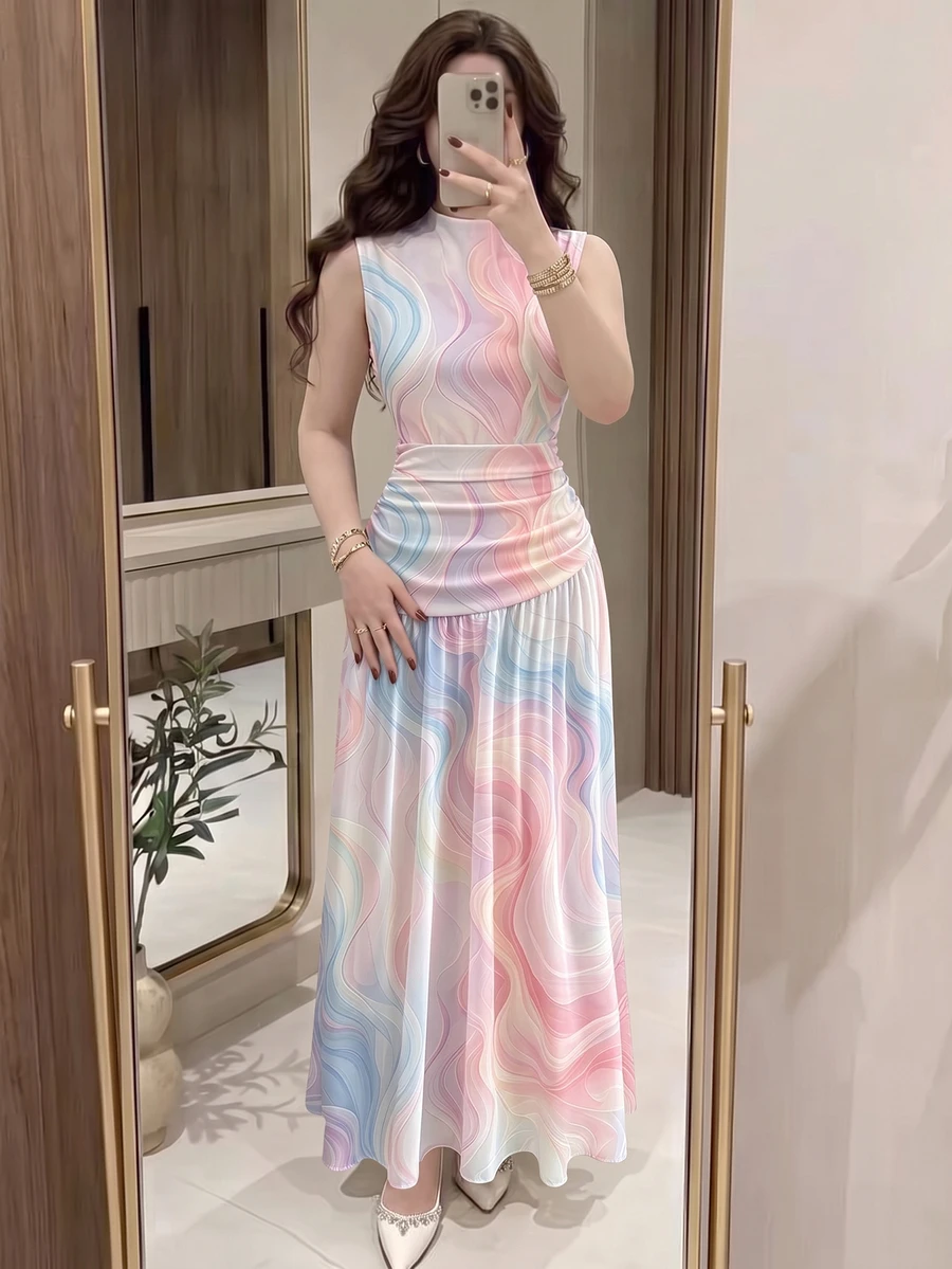 Modelyn Pink And White Line Pattern French Chiffon Dress, Women's Low Neckline Sleeveless Waist-Cinched Long, Summer Elegant Tea Party Holiday - Multicolor - View 1