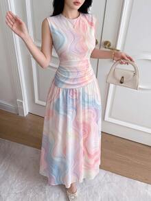Modelyn Pink And White Line Pattern French Chiffon Dress, Women's Low Neckline Sleeveless Waist-Cinched Long, Summer Elegant Tea Party Holiday - Multicolor - View 4