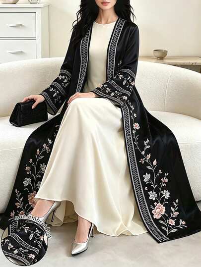 SHEIN Najma 花卉印花優雅阿拉伯式長袍，春秋時尚長袖開襟長外套，阿拉伯風情服飾