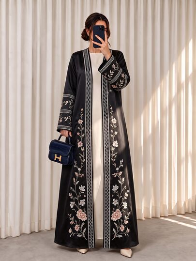 SHEIN Najma Abaya Arab Elegan Motif Bunga, Busana Musim Semi/Musim Gugur Lengan Panjang Terbuka Depan, Pakaian Gaya Arab