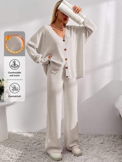 EURMUSE Tall Size Women Solid Color Drop Shoulder Cardigan & Tie Front Knit Pants