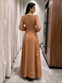 Modelyn Women's Floral Pattern Elegant Waist-Cinched Long Dress For Party And Gathering - Multicolor - View 2
