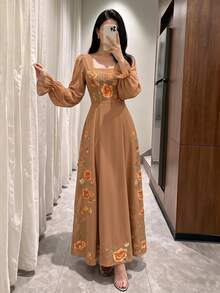 Modelyn Women's Floral Pattern Elegant Waist-Cinched Long Dress For Party And Gathering - Multicolor - View 1