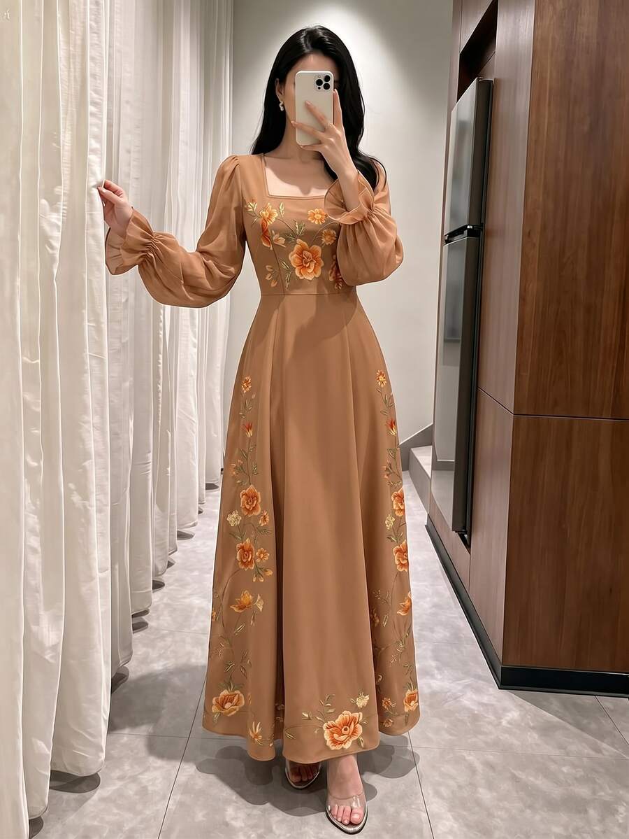 Modelyn Women's Floral Pattern Elegant Waist-Cinched Long Dress For Party And Gathering - Multicolor - View 1