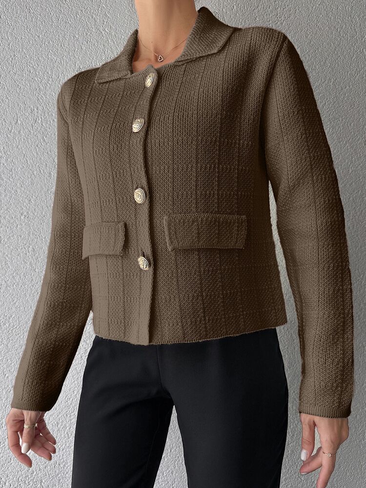 EURMUSE Women Solid Color Long Sleeve Single-Breasted Casual Elegant Loose Cardigan Office Shades Of Brown Autumn - Brown - View 3
