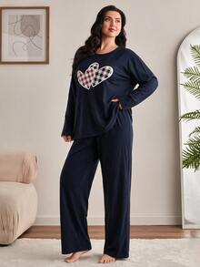 SHEIN Plus Women Cotton 2pcs Solid Navy Plaid Heart Patterned Long Sleeve Tee Long Pants Sleep Pajama Set - Navy Blue - View 3