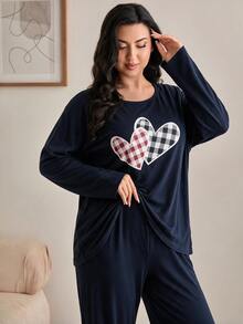 SHEIN Plus Women Cotton 2pcs Solid Navy Plaid Heart Patterned Long Sleeve Tee Long Pants Sleep Pajama Set - Navy Blue - View 6