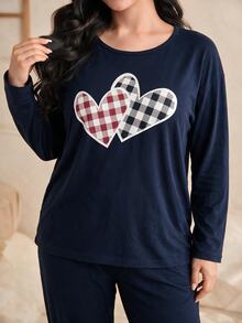 SHEIN Plus Women Cotton 2pcs Solid Navy Plaid Heart Patterned Long Sleeve Tee Long Pants Sleep Pajama Set - Navy Blue - View 4
