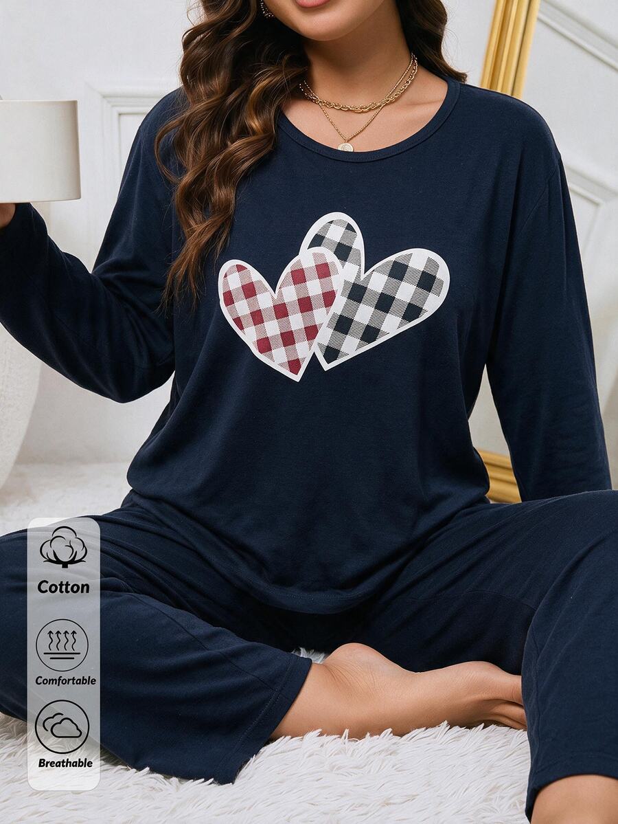 SHEIN Plus Women Cotton 2pcs Solid Navy Plaid Heart Patterned Long Sleeve Tee Long Pants Sleep Pajama Set - Navy Blue - View 1