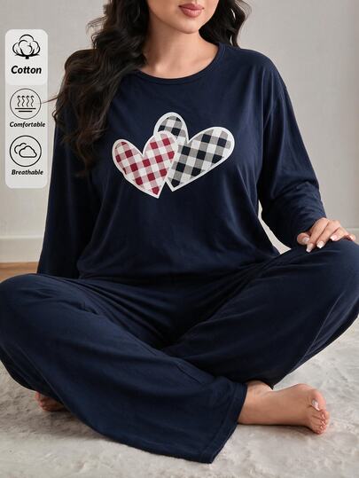 SHEIN Plus Women Cotton 2pcs Solid Navy Plaid Heart Patterned Long Sleeve Tee Long Pants Sleep Pajama Set