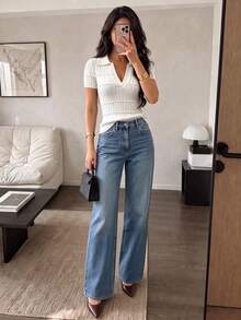 Modelyn Solid V-Collar Ribbed Knit Top Office White Summer Elegant Simple - White - View 1