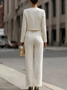 SHEIN Women's Elegant 2 Pieces Set, Round Neck Gold Button Short Long Sleeve Jacket + High Waist Wide Leg Pants, Commute & Casual Outfit - White - View 2