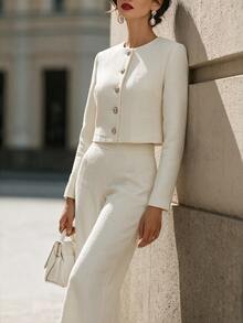 SHEIN Women's Elegant 2 Pieces Set, Round Neck Gold Button Short Long Sleeve Jacket + High Waist Wide Leg Pants, Commute & Casual Outfit - White - View 3