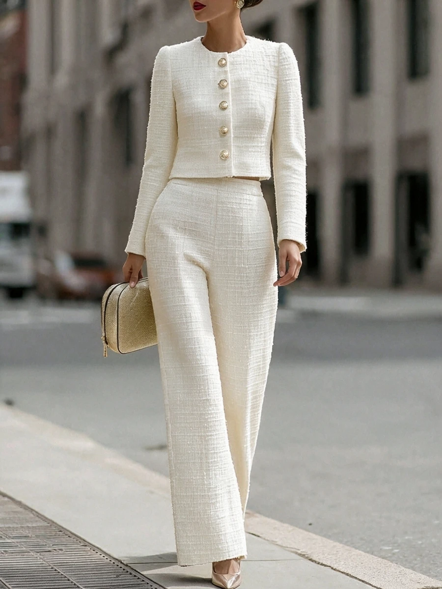 SHEIN Women's Elegant 2 Pieces Set, Round Neck Gold Button Short Long Sleeve Jacket + High Waist Wide Leg Pants, Commute & Casual Outfit - White - View 1