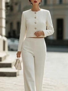 SHEIN Women's Elegant 2 Pieces Set, Round Neck Gold Button Short Long Sleeve Jacket + High Waist Wide Leg Pants, Commute & Casual Outfit - White - View 6