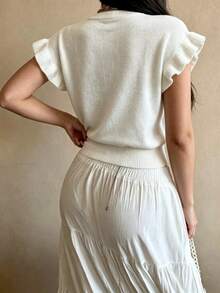 Modelyn Bohemian Style Women's White Short Sleeve Knit Cardigan, Ruffle Sleeve And Button Detail, Medium Stretch Cropped Design, Slimming Knit Top For Autumn Layering - White - View 2