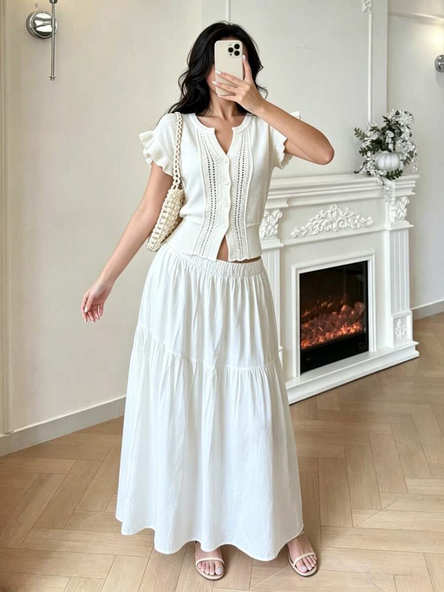 Modelyn Bohemian Style Women's White Short Sleeve Knit Cardigan, Ruffle Sleeve And Button Detail, Medium Stretch Cropped Design, Slimming Knit Top For Autumn Layering - White - View 1