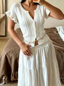 Modelyn Bohemian Style Women's White Short Sleeve Knit Cardigan, Ruffle Sleeve And Button Detail, Medium Stretch Cropped Design, Slimming Knit Top For Autumn Layering - White - View 4