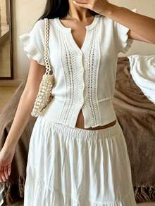Modelyn Bohemian Style Women's White Short Sleeve Knit Cardigan, Ruffle Sleeve And Button Detail, Medium Stretch Cropped Design, Slimming Knit Top For Autumn Layering - White - View 5