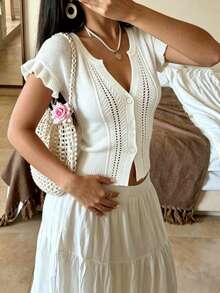 Modelyn Bohemian Style Women's White Short Sleeve Knit Cardigan, Ruffle Sleeve And Button Detail, Medium Stretch Cropped Design, Slimming Knit Top For Autumn Layering - White - View 3