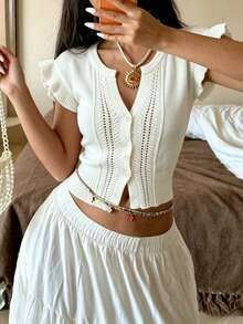 Modelyn Bohemian Style Women's White Short Sleeve Knit Cardigan, Ruffle Sleeve And Button Detail, Medium Stretch Cropped Design, Slimming Knit Top For Autumn Layering - White - View 6