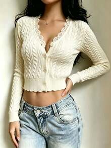 Modelyn Autumn Sexy Romantic Fitted Versatile Cable Knit Button Lace Trim Cardigan Elegant Fashion Design Short Long Sleeve Sweater Jacket Brunch Date White - Apricot - View 4