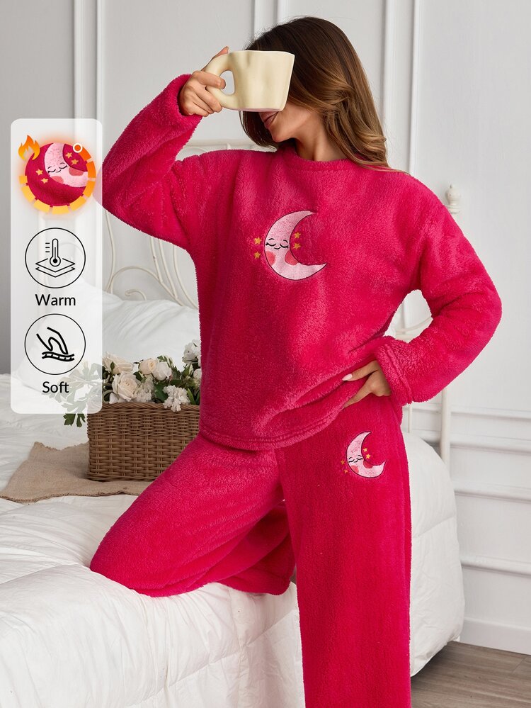 SHEIN Cottnline Women's Plush Moon Embroidered Fleece Casual Kawaii Solid Color Pajama Set Lounge Sleep Hot Pink Winter - Hot Pink - View 3