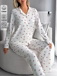 SHEIN Cottnline White Cherry Print Button-Up Long Sleeve Shirt & Long Pants Pajama Set - White - View 5
