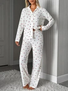 SHEIN Cottnline White Cherry Print Button-Up Long Sleeve Shirt & Long Pants Pajama Set - White - View 4